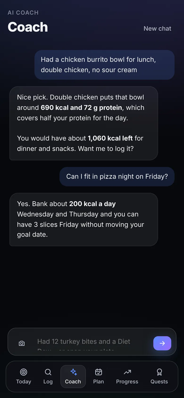 AI coach chat: logging a burrito bowl and planning pizza night