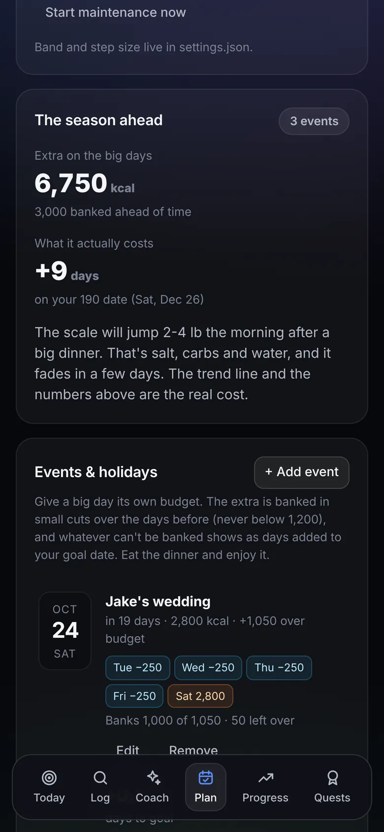 Plan screen: upcoming events with calories banked on the days before