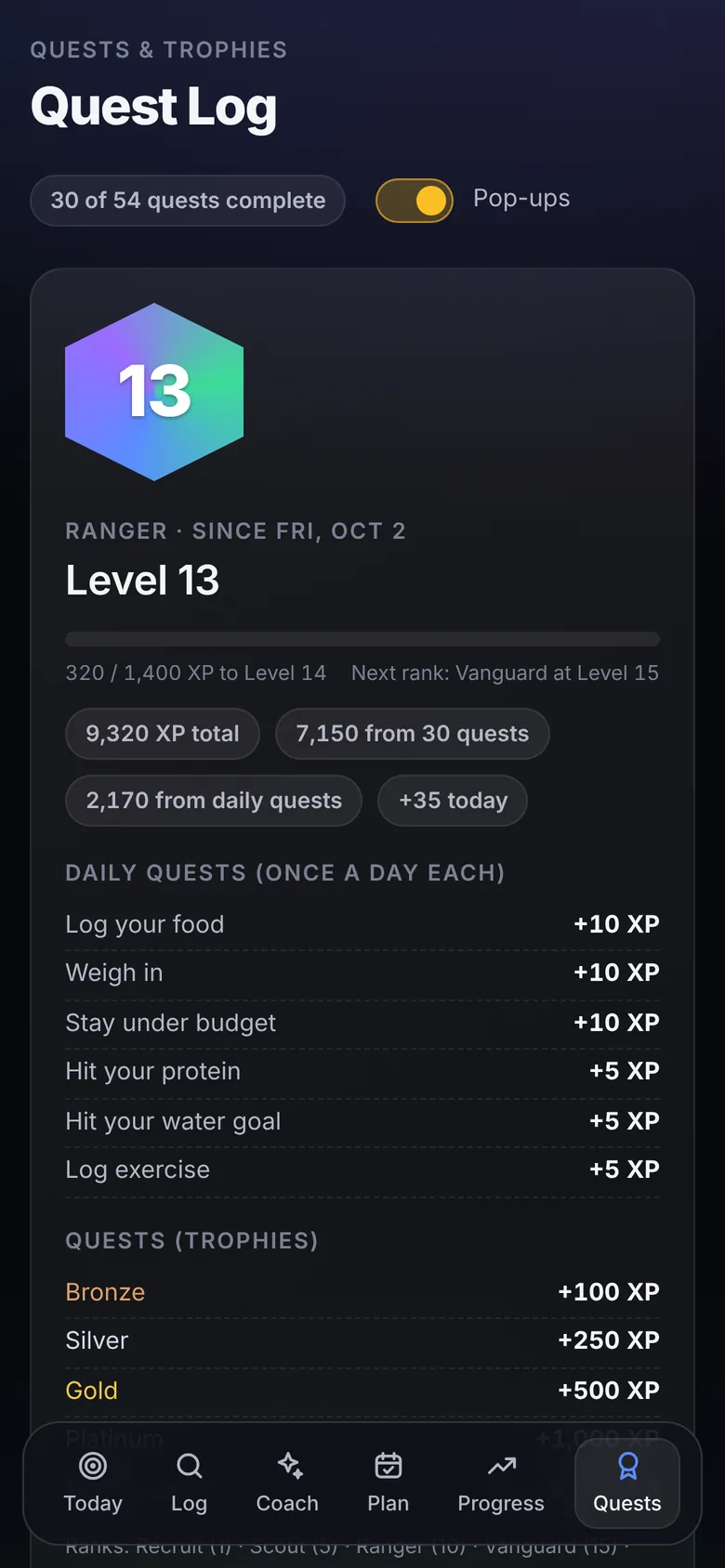 Quest Log screen: level 13 Ranger with daily quests and XP