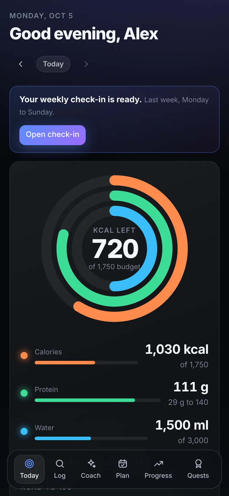 Today screen: calories left ring with protein and water progress